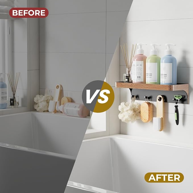 Shower Caddy Adhesive, Shower Shelve for Inside Shower, Bathroom Organizers and Storage for Accessories Holder, Rustproof Bathroom Wall Shower Rack Organize with 5 Hooks, No-drill, Wood