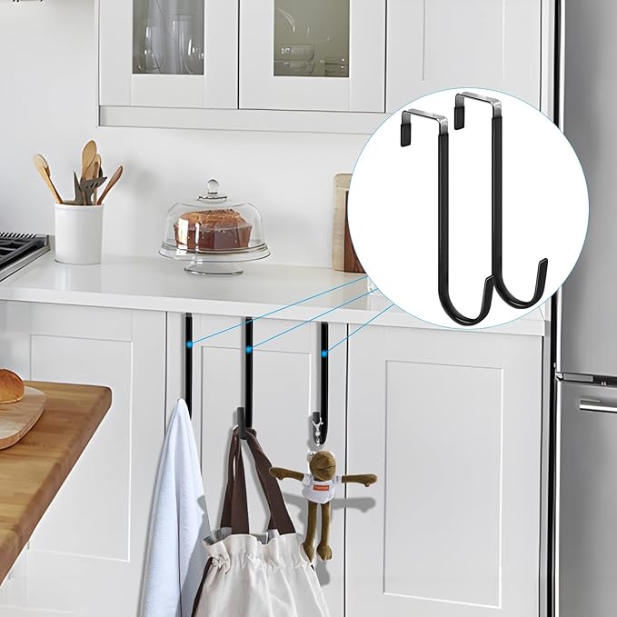 FYY Over the Door Hooks, 4 Pack Upgraded Long Door Hangers Hooks with Rubber Prevent Scratches Heavy Duty Organizer Hooks for Hanging Clothes, Towels, Hats, Coats, Bags Black