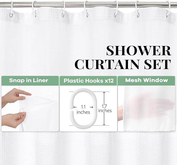 Dynamene 78 Inch Long Shower Curtain, Tall Waffle Fabric Shower Curtains for Bathroom, Hotel Waterproof Cloth Shower Curtain Liner Set with Hooks, Snap in Liner, Mesh Top Window, White, 72x78