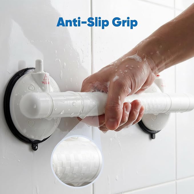 Suction Grab Bars for Shower, 14.4 Inch 350 LBS Weight Support Shower Handles with Safety Indicator, 2 Pack Grab Bars for Seniors and Elderly, No Drilling Removable Bathtub Grip, White