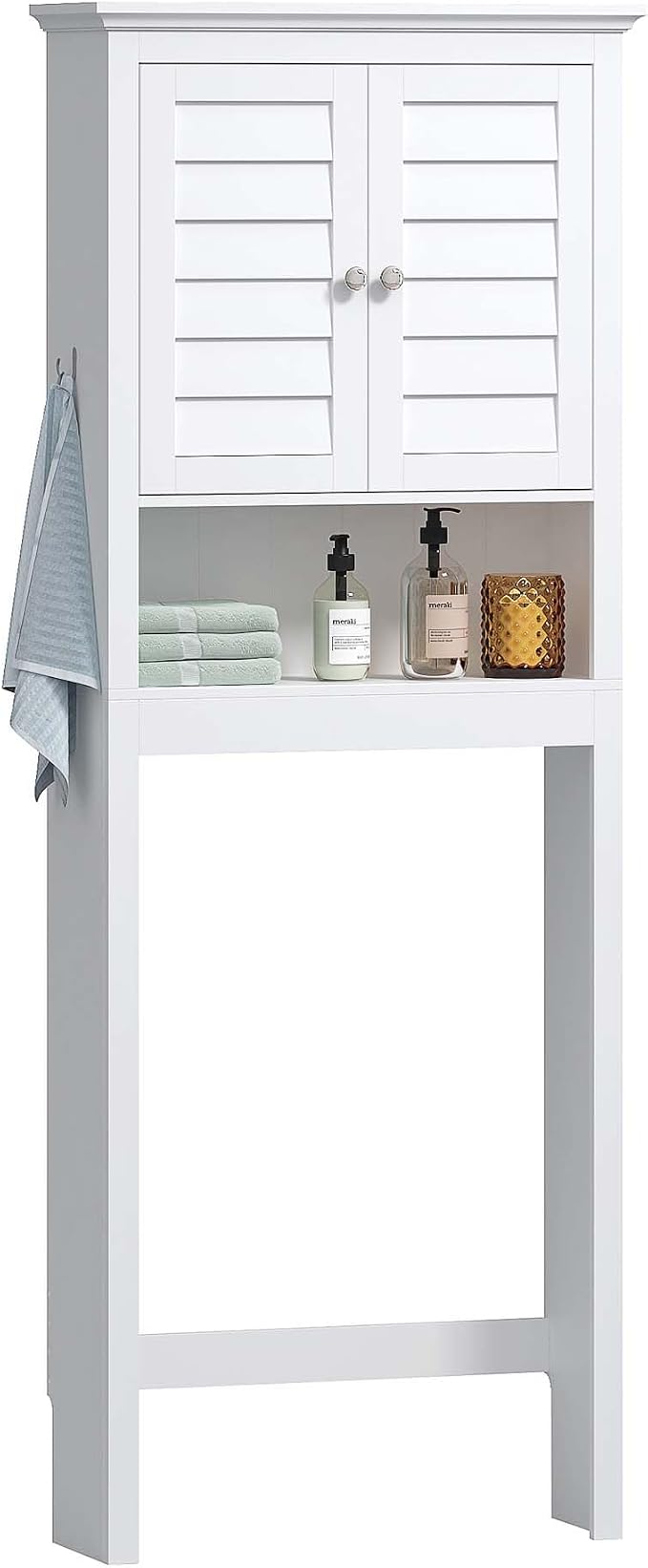 Spirich Over The Toilet Storage Cabinet, Space-Saving Above Toilet Bathroom Organizer with Adjustable Shelf and Hooks, White