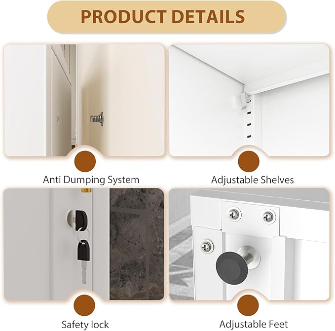 Tall Metal Narrow Bathroom Storage Locker Cabinet 67" H, Tall White Pantry Cabinets with 5 Adjustable Shelves and Lockable Doors for Kitchen, Home Office, Living Room, Dining Room