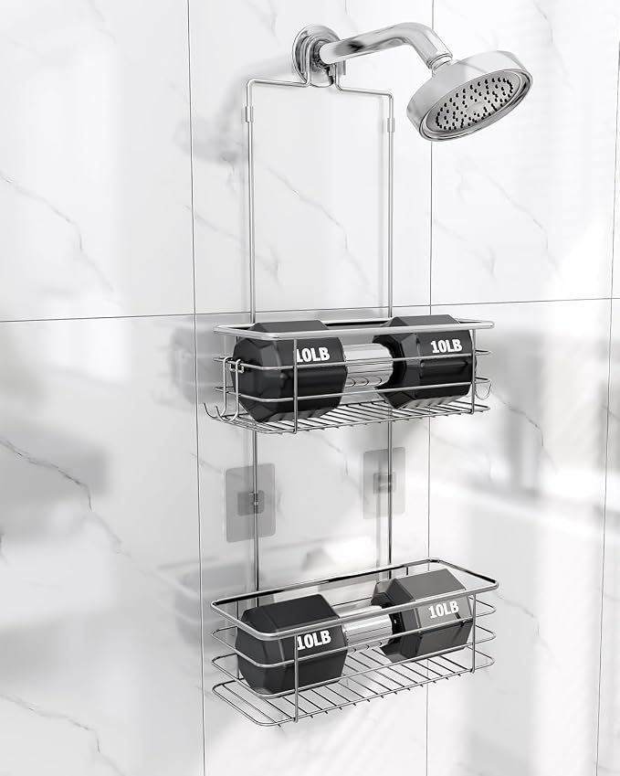 Hanging Shower Caddy, Stainless Steel, 2-Tier Bathroom Organizer Rack over Shower Head with 2 Hooks for Razor and Sponge