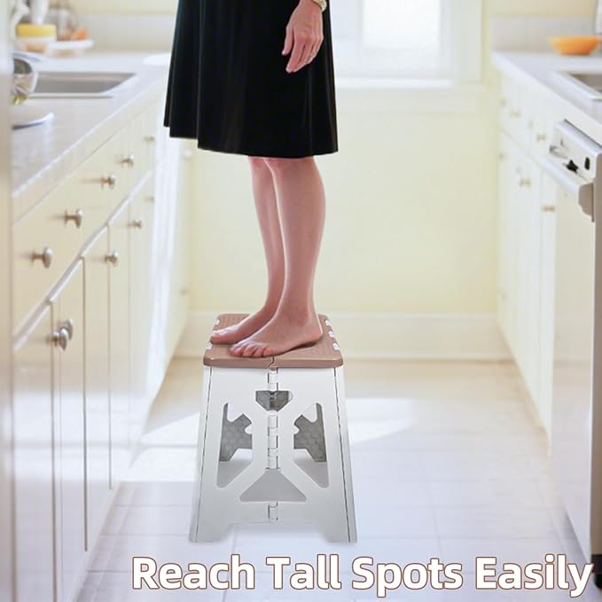 neotidy Foldable Step Stool (1 Pack), 12.9” Tall up to 300 lb Sturdy Plastic Folding Step Stool for Adults Kitchen Bathroom, Portable Small Stool Travel Foot Stool Brown