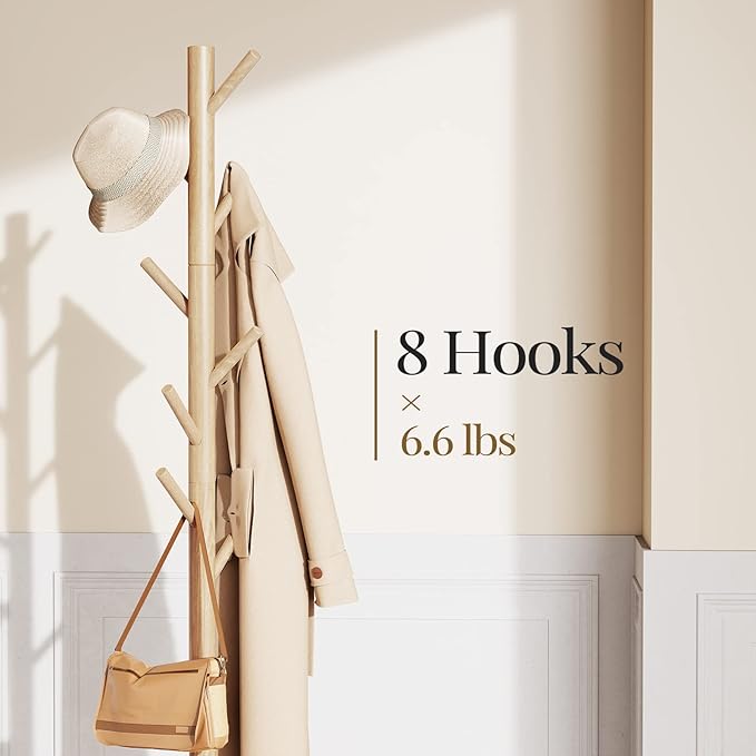 Pipishell Solid Wooden Coat Rack Freestanding, Hall Tree with 8 Hooks, 3 Height Options for Coats, Hats, Handbags, and Scarves, Tool-Free Assembly, Space Saving Design for Entryway, Office, Bedroom