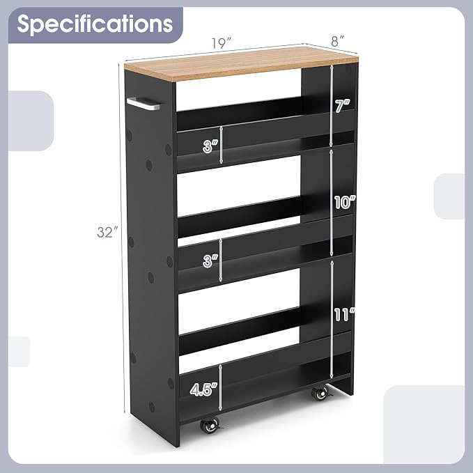 Giantex 4 Tier Rolling Slim Storage Cart, 8" Narrow Slide Out Kitchen Cart w/Handle & Open Shelves, Space-Saving Compact Mobile Utility Trolley for Small Space Laundry Room (Black & Natural)
