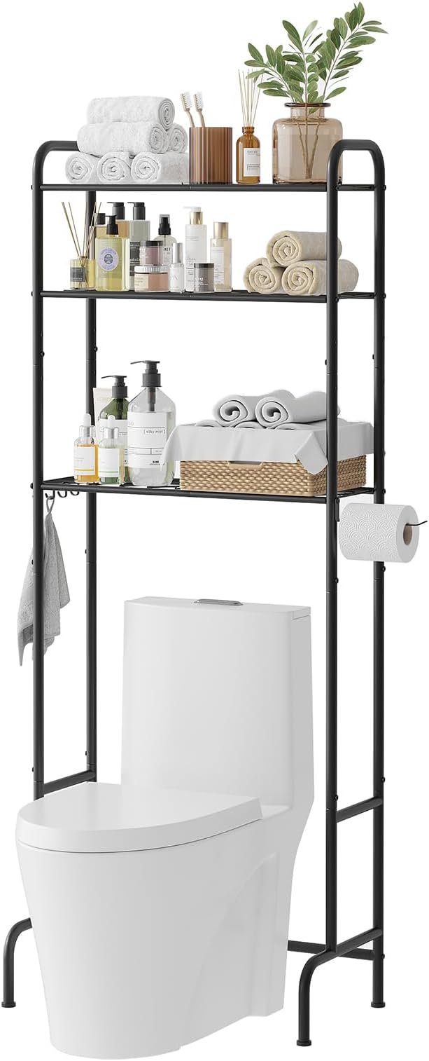 STDDRE 3-Tier Over The Toilet Storage Space Saver with Paper Holder Freestanding Rack Metal Bathroom Shelves with Hooks Above The Toilet Storage Shelf (Black, 3 Tier)