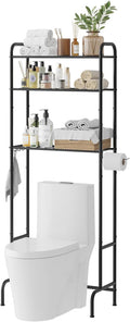 STDDRE 3-Tier Over The Toilet Storage Space Saver with Paper Holder Freestanding Rack Metal Bathroom Shelves with Hooks Above The Toilet Storage Shelf (Black, 3 Tier)