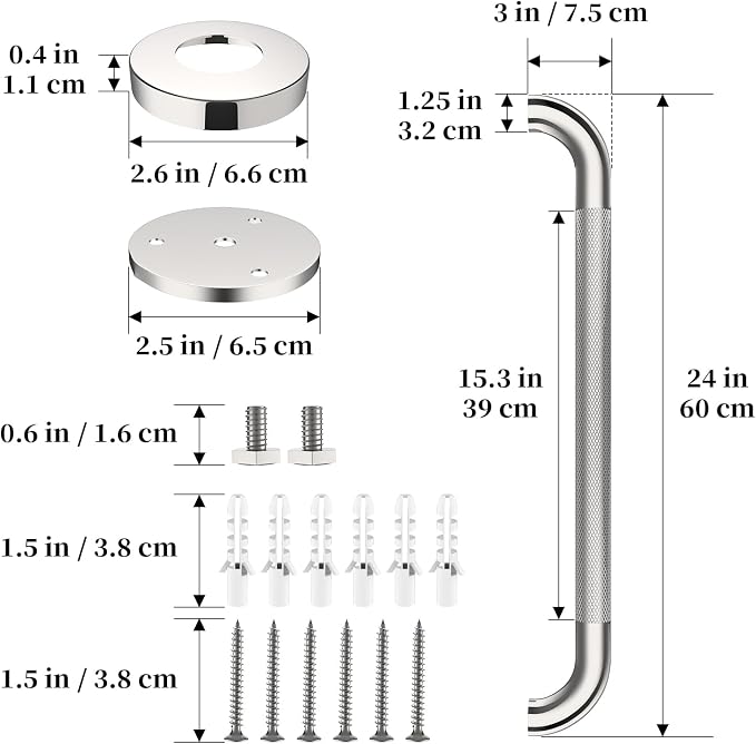 Polished Chrome Grab Bar 24 Inch, iHansee Anti-Slip Bathroom Grab Bar w/Knurled Grip, Stainless Steel Safety Handrail for Toilet Bathtub, Wall Mounted Shower Handle Handicap Bars for Senior Elderly
