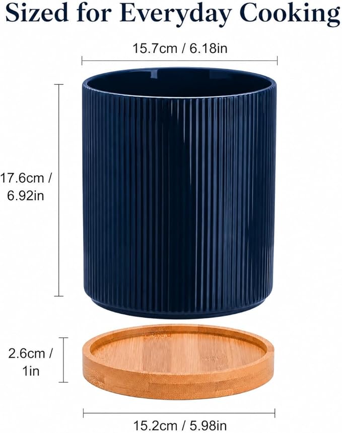 QUELIEN Utensil Holder, 360° Rotating Ceramic Kitchen Utensil Holder for Countertop, 7.7" Utensil Crock for Kitchen Counter with Rotatable Wooden Base,Ideal Housewarming Gift & Mothers Day Gift