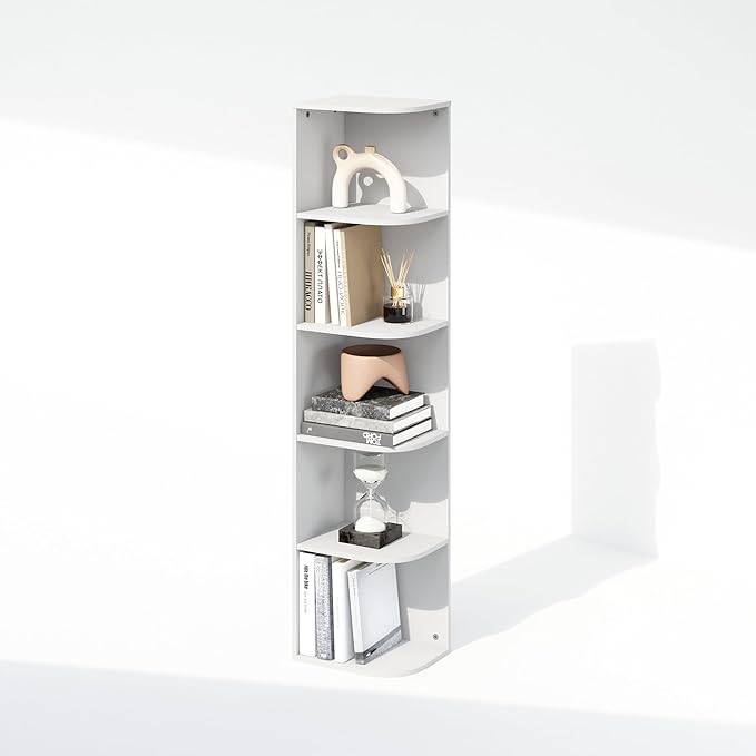 Furinno Reed Corner Shelf, 5-Tier Corner Bookshelf, Book Shelf, Corner Shelves, Storage Rack, for Organization and Storage, Home Office, Living Room, White