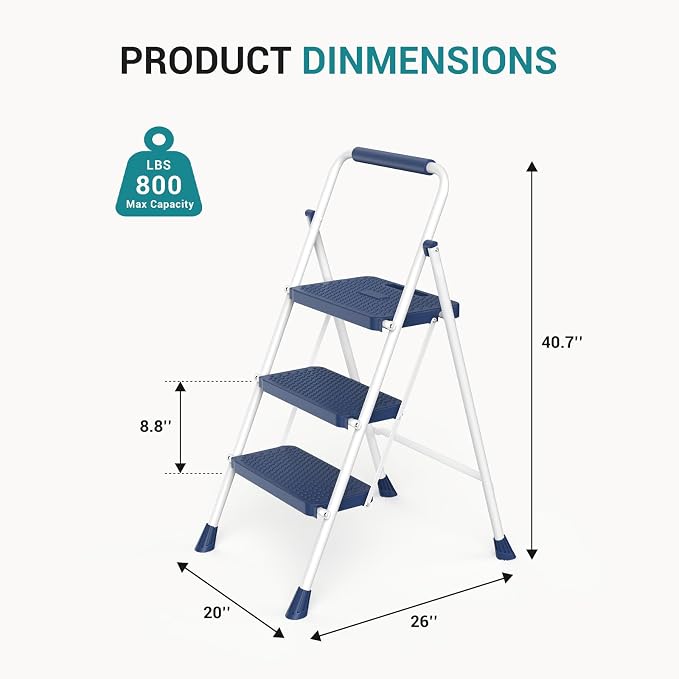 OLIXIS 3 Step Ladder, 880lbs Heavy Duty Sturdy Step Stool with Anti-Slip Pedal & Comfortable Handrail, Portable Step Stool for Kitchen, Garage & Outdoor Use, Blue
