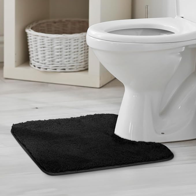 TECHMILLY U Shaped Super Soft Shaggy Bathroom Rugs, Absorbent Thick Non Slip Microfiber Toilet Rugs, Quick Dry Machine Washable Bath Mat for Bathroom Floor, Bathtub and Shower 24"x20" Black