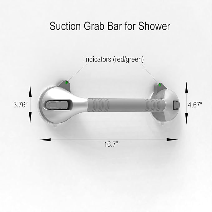 17“ Suction Shower Grab Bar with Indicators, Tool-Free Installation, Steady Handle for Balance Assist for Bathtub, Toilet, Bathroom, Dual Tone, Silver/Gray 2-Pack
