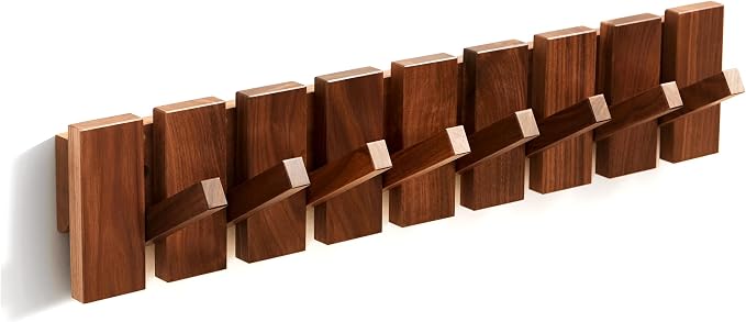 QUELLANCE Wood Coat Rack Wall Mount, Coat Hooks Hanger Wall Mounted, Heavy Duty Wall Coat Rack with 8 Hooks for Hanging Coats/Keys/Hats/Robe&Towels/Plants/Bags, Walnut
