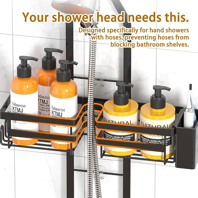 Shower Caddy Hanging for Handheld Showerhead - Rustproof Shower Organizer, 2-Tier No-Drill Over Showerhead Bathroom Shelf with Soap & Toothbrush Holder, Black