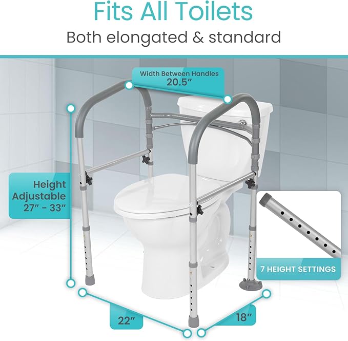 Vive Toilet Safety Rail - Medical Chair for Handicapped & Seniors - Folding Bathroom Frame w/Handles, Arms for Elderly, Disabled - Standalone Grab Bar - Seat Assistance Support Stand Up Assist
