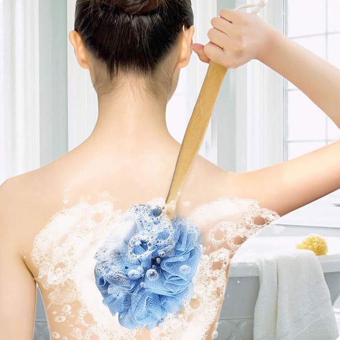 Back Scrubber for Shower & Body, Long Handle Bath Brush with Loofah Sponge, Exfoliating Shower Brush for Men and Women