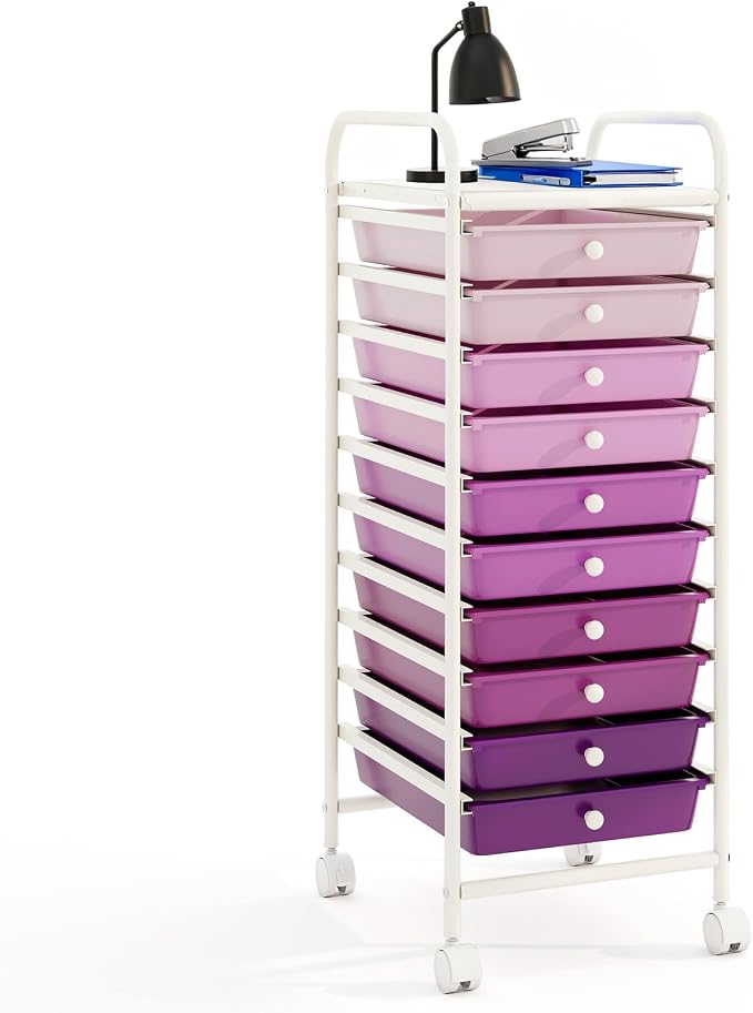 10-Drawer Rolling Storage Cart, Trolley w/Lockable 360° Wheels, 10 Removable PP Drawers, Sturdy Metal Frame, Rolling Utility Cart Perfect for Home, Office, Classroom (Gradient Purple)