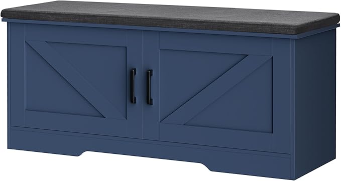 HOMSHO 2-Tier Storage Bench, 39.4" Wide Shoe Bench with Padded Seat Cushion, Entryway Bench with 2 Barn Doors and Adjustable Shelf, Blue