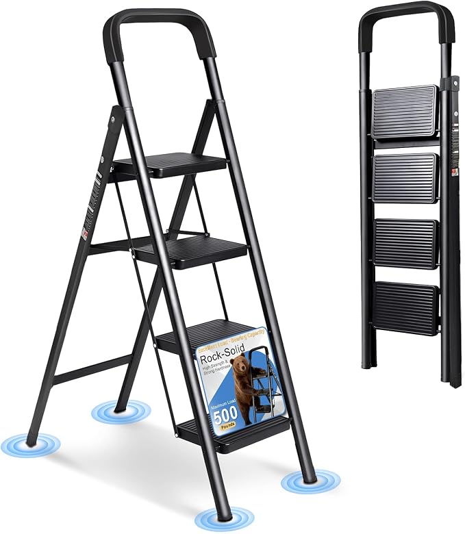 4 Step Ladder Folding Step Stool with Handrail 500LBS Capacity Sturdy Carbon Steel Frame Anti-Slip Pedal & Feet Portable for Home Kitchen Garage Bathroom (black-4step)