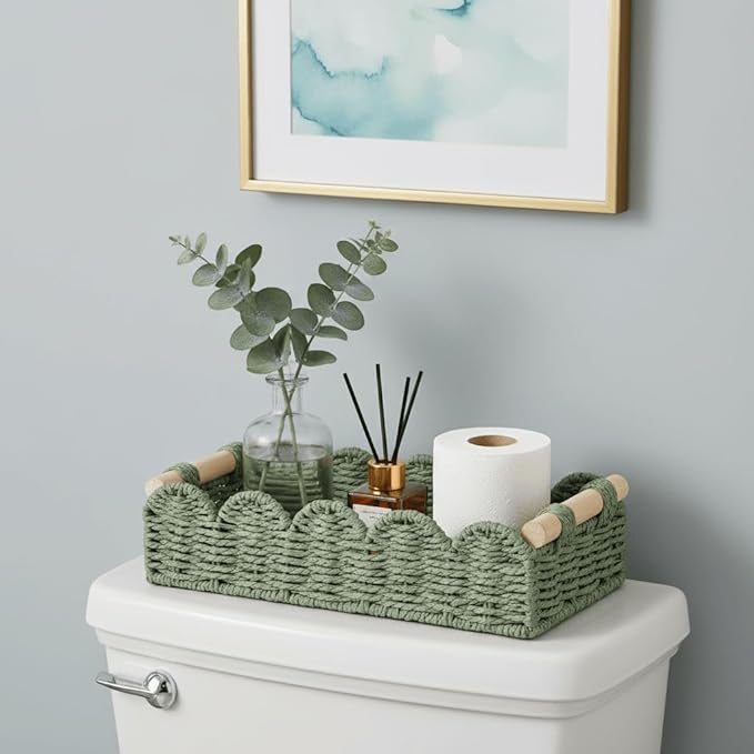 CubesLand Toilet Paper Storage Basket Organizer, Small Wicker Toilet Tank Top Decorative Baskets for Countertop, Handwoven Scalloped Basket w/handle for Home Decor, Living Room, Bedroom, Green