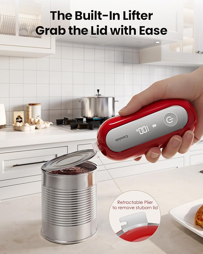 Canslab RETRO Electric Can Opener, Auto-Stop One-Touch Operation, USB Rechargeable with LED Battery Track, Side Cut Smooth Edge Can Opener for Seniors with Arthritis, Wall-Mountable Small Size, Red