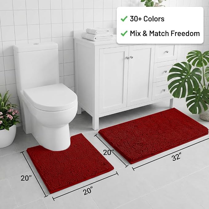 Bathroom Rugs Sets 2 Piece,Super Absorbent Chenille Bath Mats and U-Shaped Toilet Rug,Strong PVC Non Slip Backing,Microfiber Washable Dry Quickly Bath Mats for Bathroom(20"x32"+20"x20"U,Dark Red)
