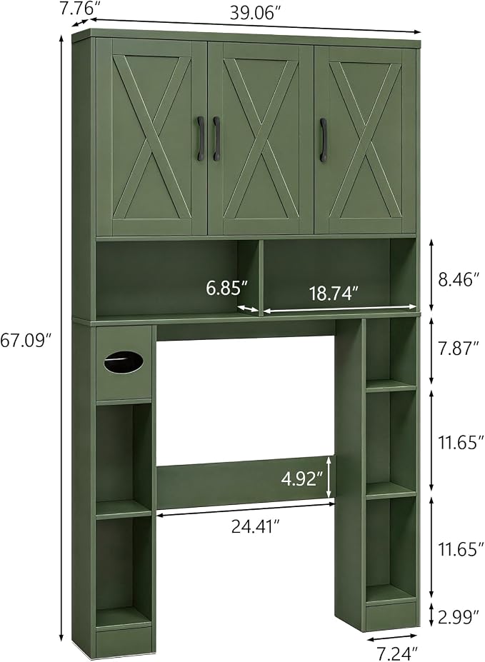 Vabches Over The Toilet Storage Cabinet, Farmhouse Toilet Cabinet Rack with 3 Barn Doors, Space Saving Bathroom Organizer with Shelves, Toilet Paper Holder and Towel Rack for Bathroom,Restroom.(Green