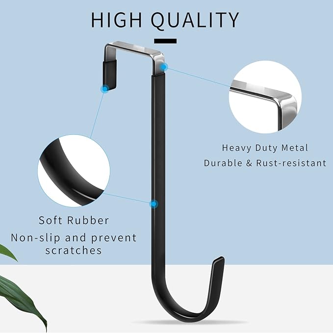FYY Over the Door Hooks, 6 Pack Upgraded Long Door Hangers Hooks with Rubber Prevent Scratches Heavy Duty Organizer Hooks for Hanging Clothes, Towels, Hats, Coats, Bags Black