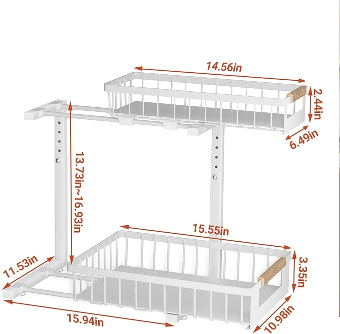 Under Sink Organizer, 2 Tier Pull Out Cabinet Organizer with 5 Adjustable Heights, Metal Under Sink Storage with Sliding Drawers for Kitchen, Bathroom, Pantry and Laundry Room, 4-Pack White