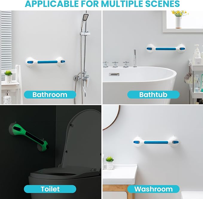 TAILI Shower Grab Bar Glow in The Dark, 2 Pack 16.8 in Grab Bars for Bathtubs and Showers,Shower Handles Rails for Seniors and Elderly,Bathroom Safety Grip Removable No Drilling Waterproof Blue,G9