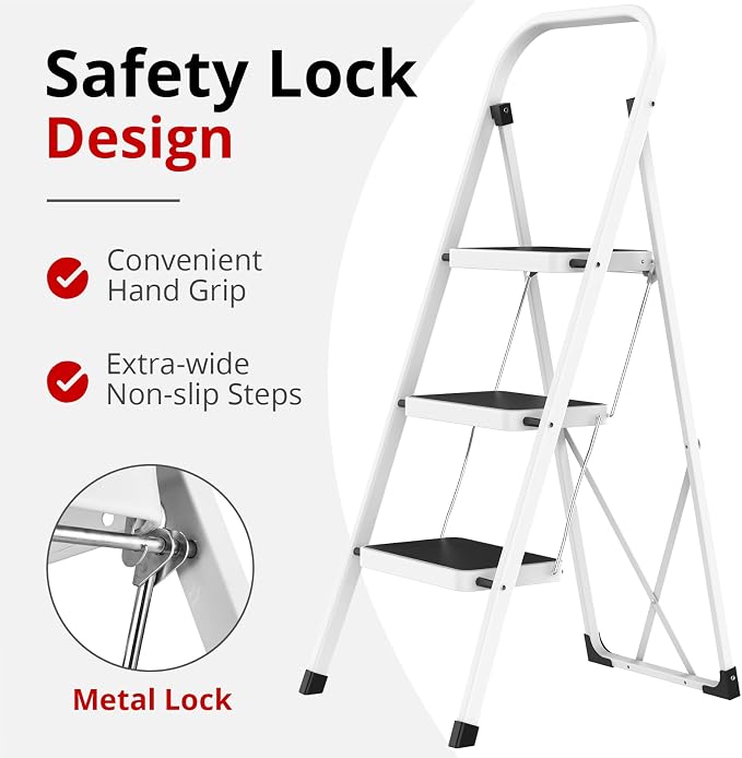 HBTower Step Ladder Folding Step Stool for Adults with Anti-Slip Pedal,330 lbs Capacity for Kitchen, Home,White