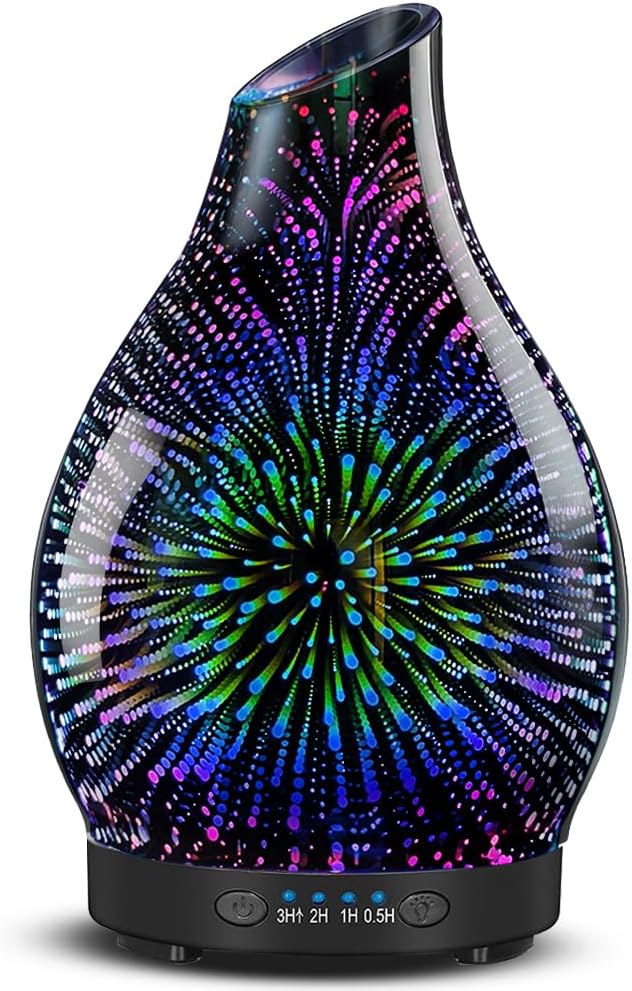120ML Essential Oil Diffuser, 3D Glass Aromatherapy Diffuser with Auto Shut-Off and 7 Color LED Lights, Ultrasonic Mist Humidifier with 4 Timer for Home Office Bedroom (3D Fireworks)
