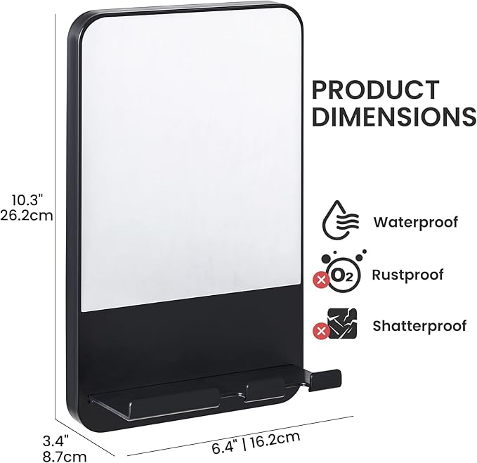 TAILI Fogless Shower Mirror, Anti-Fog with Razor Holder, Suction Shaving Mirror with Storage Tray, Rust-Proof, Shatterproof, Removable for Bathroom, Shower Accessories, Black