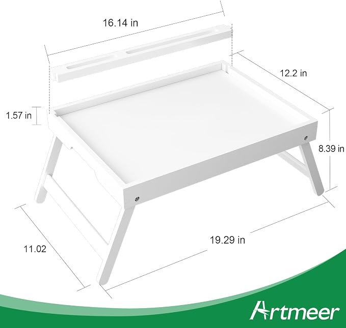 Artmeer Bed Tray Table with Folding Legs, Bamboo Breakfast Food Tray with Media Slot, Use As Platter, Laptop Desk, Snack, TV Tray Kitchen Serving Tray (White Large)