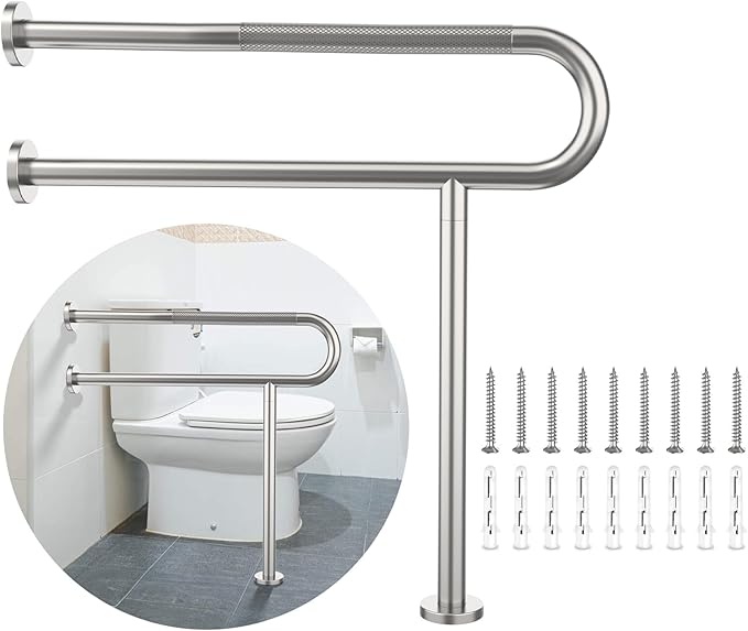 Toilet Support Rail 32 Inch, Munzong Anti-Slip Satin Brushed Nickel Handicap Grab Bar for Bathroom, Stainless Steel Knurled Safety handrails with Leg for Elderly Disabled Pregnant-1.25’Tube