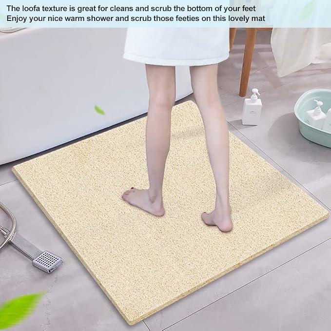 Shower Mat Non Slip Without Suction Cup, 24 x 24 Inch PVC Loofah Shower, Bath, Tub Mat with Drain for Textured Surface, Quick Drying Beige