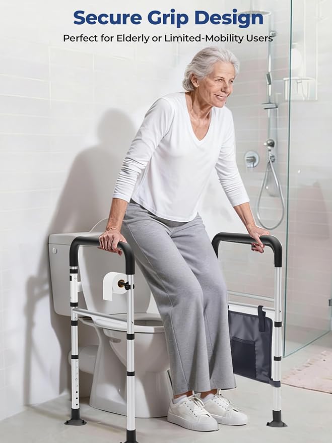 WHLICKS Toilet Safety Rails, Height & Width Adjustable Detachable Toilet Safety Frame for Seniors, Elderly & Disabled, Foldable Handicap Toilet Rails with Handles Storage Bag, Tissue Holder (350LB)