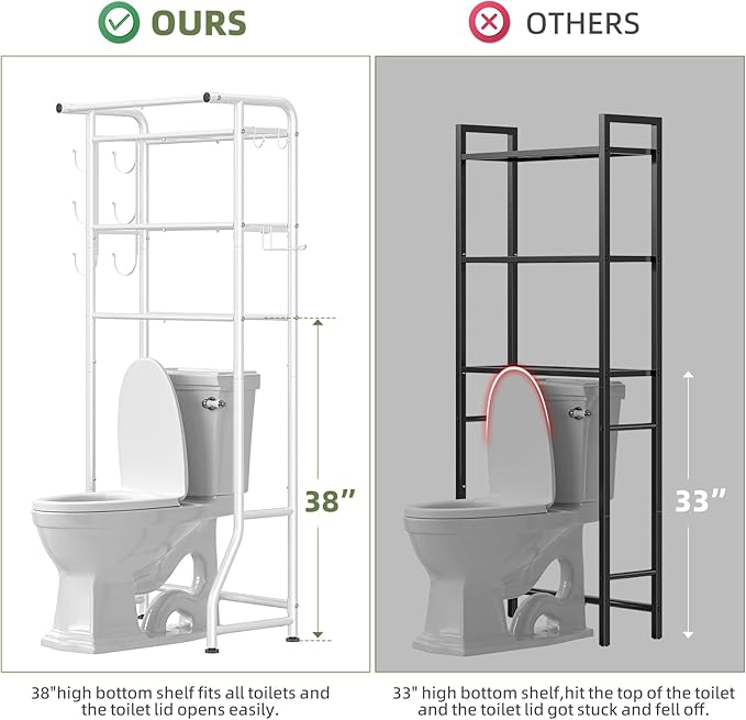 Simple Trending 3 Tier Over The Toilet Storage Rack, Metal Bathroom Shelf, Bathroom Stand Organizer Space Saver with Paper Holder and Hooks, White