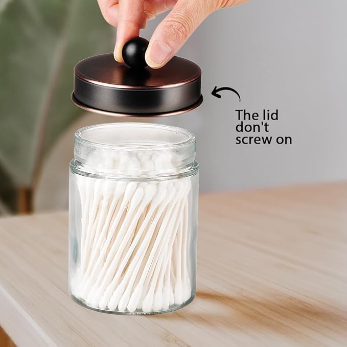 Amolliar 4Pc Apothecary Jars Bathroom Vanity Storage Organizer-Countertop Canister & Stainless Steel Lids &Cute Stickers -Qtip Dispenser Holder for Qtips,Cotton Swabs,Makeup Sponge(Oil Rubbed Bronze)