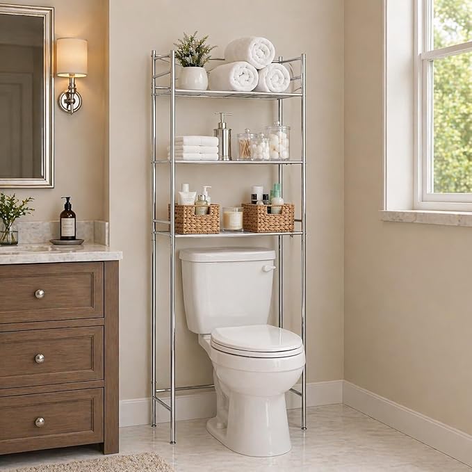 Honey-Can-Do 3-Tier Metal Bathroom Shelf Space Saver, Over The Toilet Storage Rack Organizer, Adjustable Chrome Wire Shelving Unit for Towels & Toiletries, 9.5 x 23 x 60 in