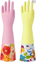 Bamllum 2 Pairs Rubber Cleaning Gloves, Household Kitchen Dishwashing Gloves with Cotton Flocked Liner, Long Cuff 16 Inches (Yellow+Pink, XL)