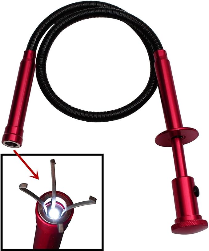 Flexible Claw Pickup Tool with Magnet Tool Flexible telescoping Claw led Light Grabber Extend，Long 28'' Four Claw 4-Claw for Small Parts Pickup Reacher Tool for Mechanics,Jewelry,Kids,etc. (Red)