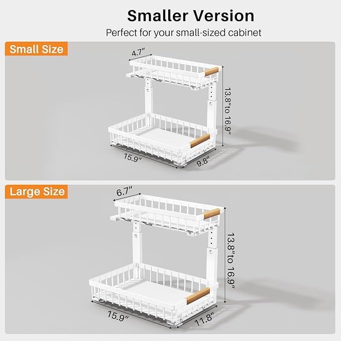 PXRACK Under Sink Organizer, Adjustable Height, 2 Tier Pull Out Under Cabinet Organizer, Slide Out Thickened Metal Under Sink Storage for Kitchen Bathroom Laundry Pantry Cabinet, White, Small-2-Pack
