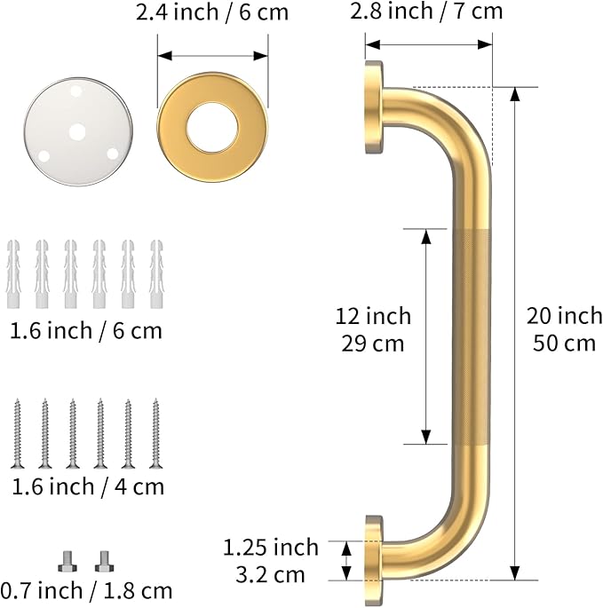 20 Inch Anti Slip Shower Grab Bar Gold, Munzong Bathroom Grab Bar, Knurled Bathroom Balance Bar,Safety Hand Rail Support Handicap Elderly Injury Senior Assist Bath Handle