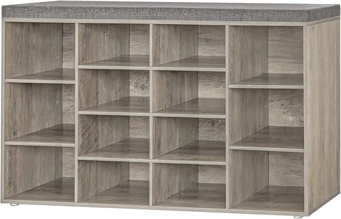 DINZI LVJ Shoe Storage Bench with Cushion, 14-Cubby Shoe Rack, Adjustable Shelves, Multifunctional Shoe Organizer Bench for Entryway, Mudroom, Hallway, Living Room, Bedroom and Garage, Gray Wash