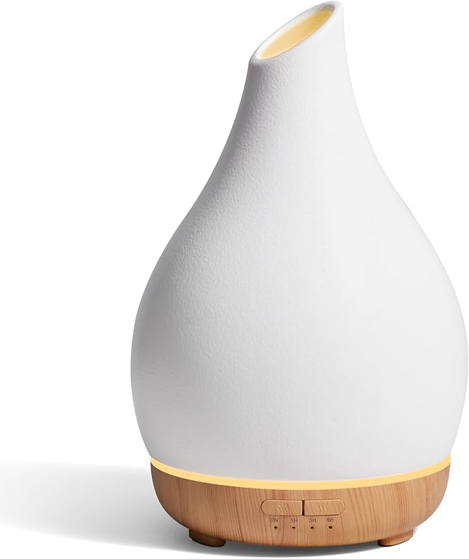 InnoGear Essential Oil Diffuser, 300ml Ceramic Diffuser for Home Handcrafted Stone Aromatherapy Diffusers Ultrasonic Cool Mist Humidifier Vaporizer 4 Timers, White Vase-Shaped Ceramic, Large