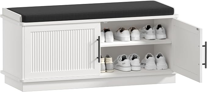 Akxomel Fluted Shoe Storage Bench with Cushion, 39.4" Entryway Bench with Adjustable Shelves and 2 Doors, Shoe Cabinet Bench with Curved Profile, for Hallway, Living Room, Bedroom, White