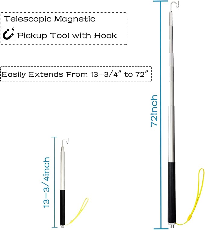 Telescoping Pole with Hook Magnetic Pickup Grabber Tool, Telescopic Push Pull Rod Wire Grabber Tool Fish Stick, Telescopic Magnetic Pick-Up Tool